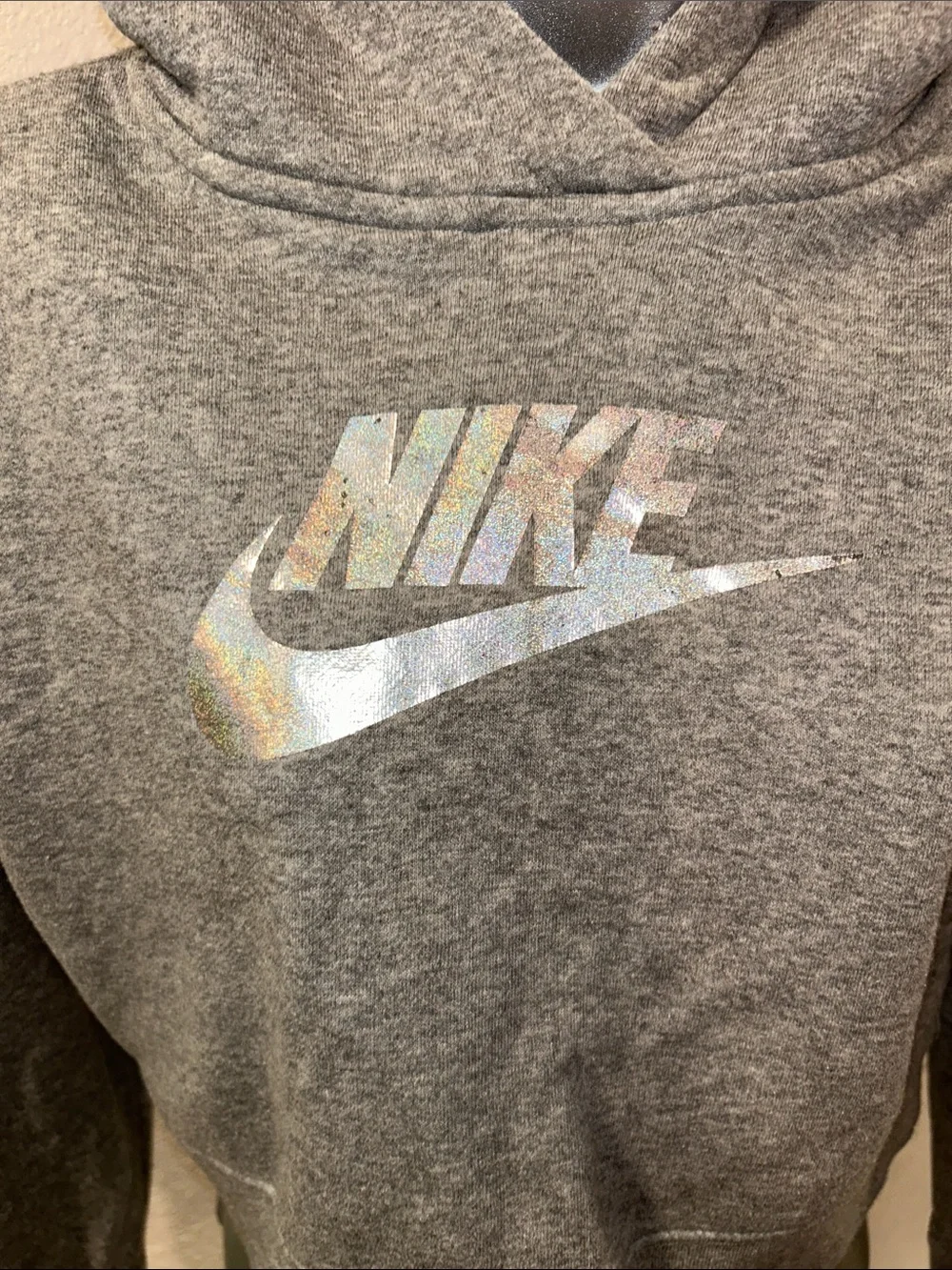 Nike Girl's Heather Gray Cropped Hoodie with Iridescent Swoosh